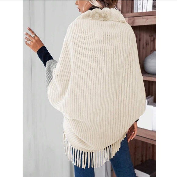 Beige & Grey Fringe Hem Open Cardigan Sweater Vegan Faux Fur - Picture 3 of 6